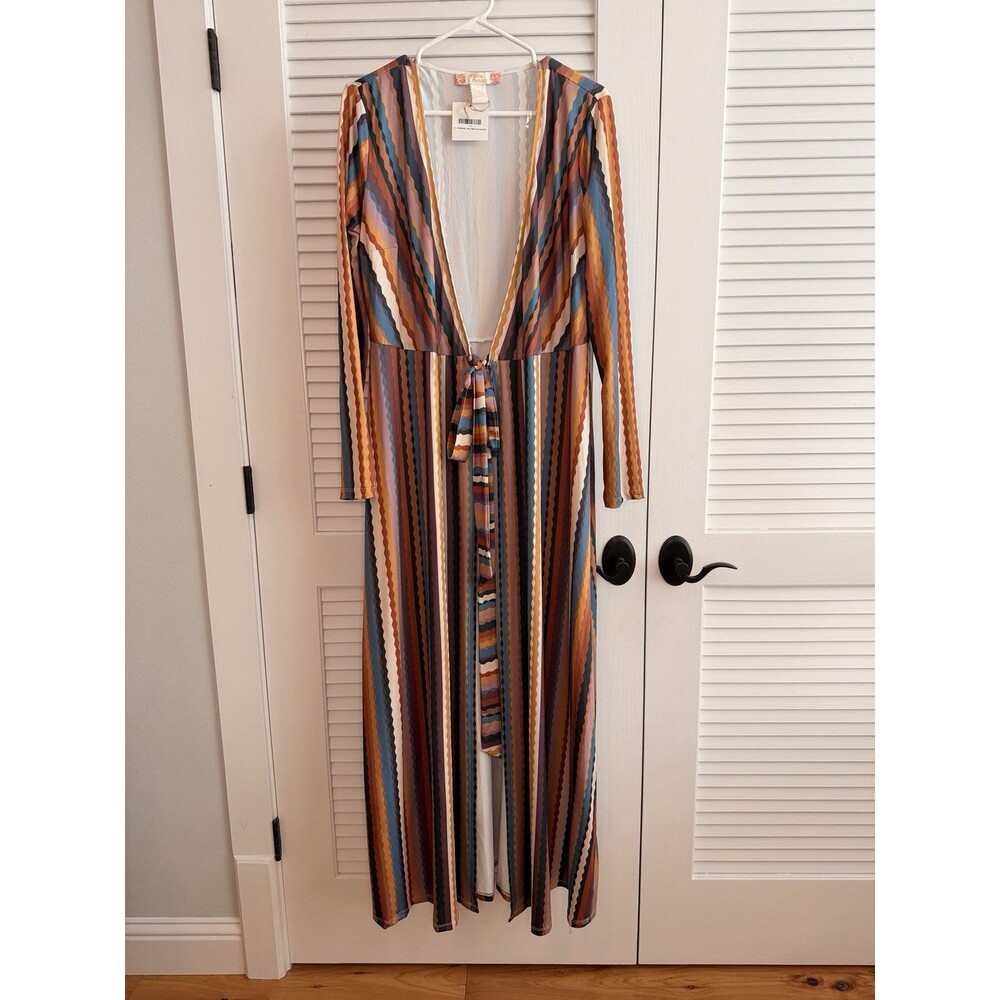 Flying Tomato Boho Stripe Maxi Duster Cardigan Tie Front  Festival L NWT